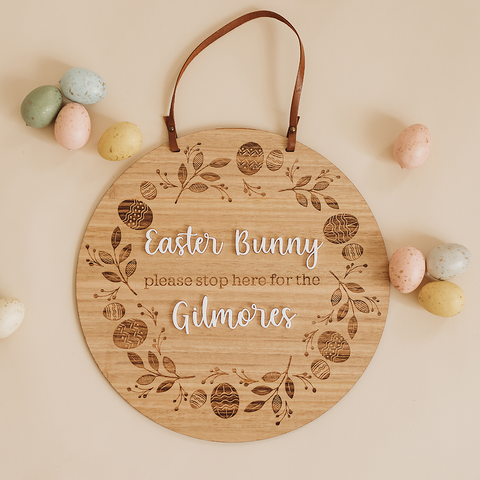 Easter Bunny Please Stop Here Sign - Wreath Design